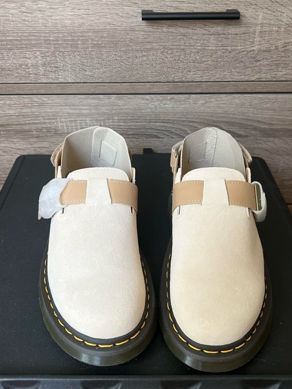 Dr. Martens Beige and Cream Suede Slingback Clogs